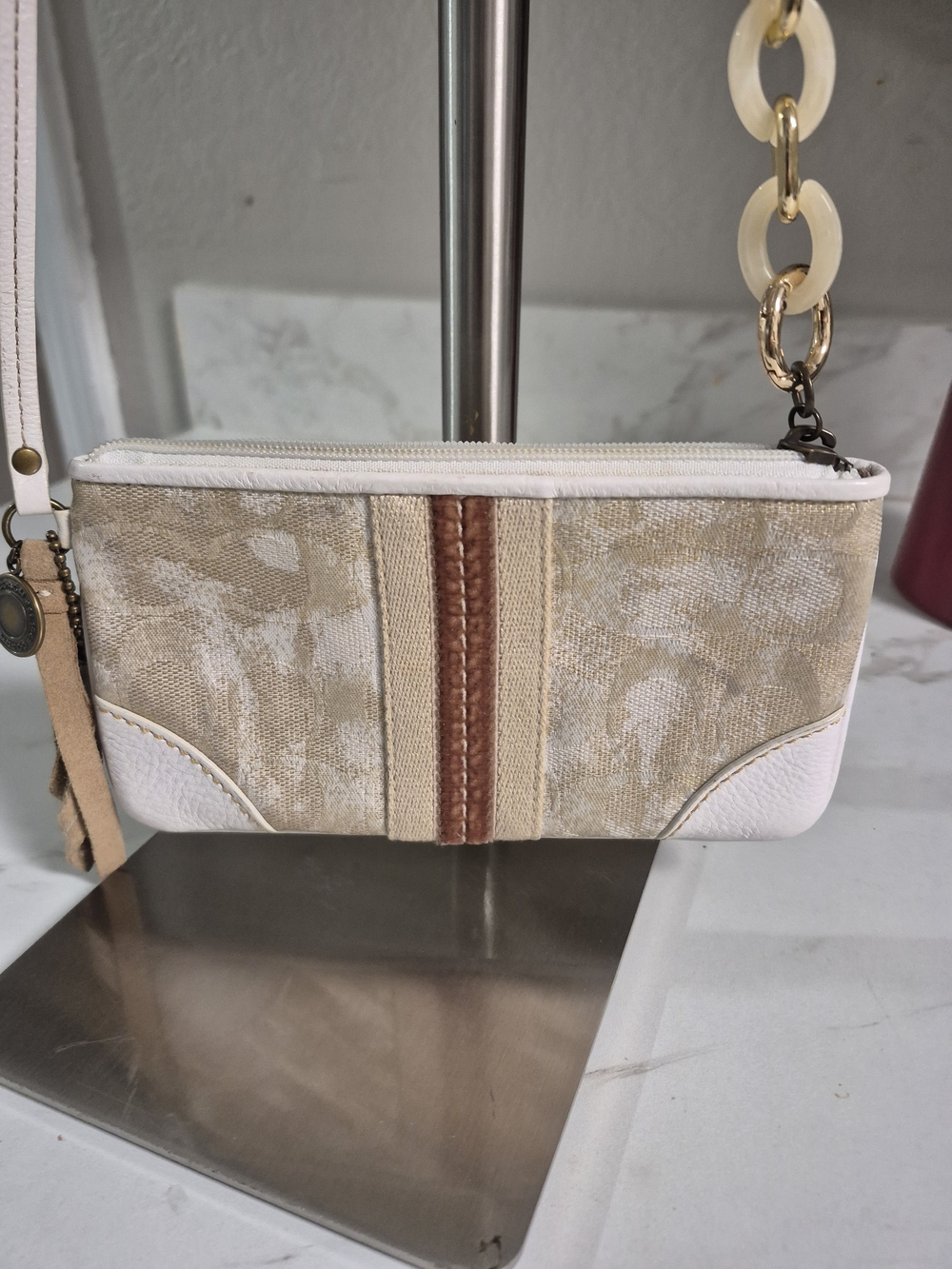 Vintage Boho Y2k Coach Beige Canvas Wristlet with Tassel NWOT